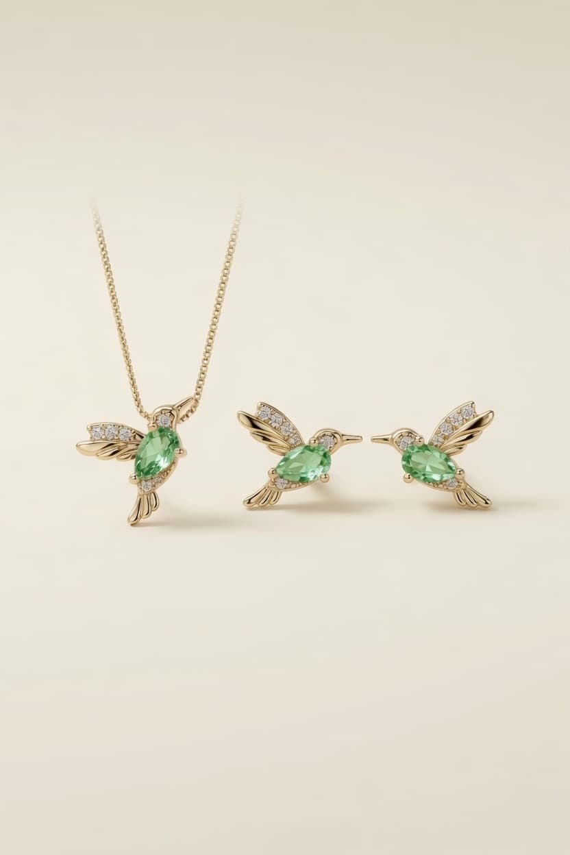 Emerald Hummingbird Jewelry Set in 18k Gold Plated