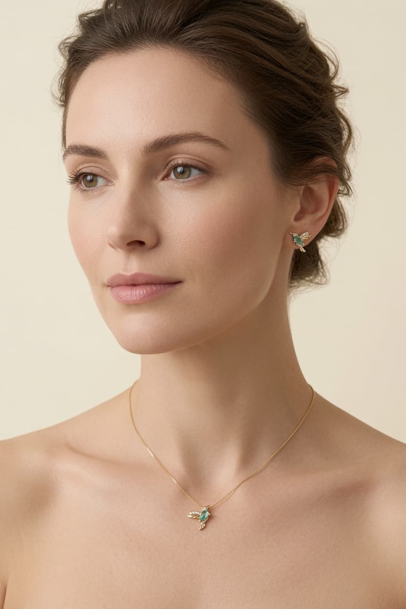 The Emerald Hummingbird set worn in soft light